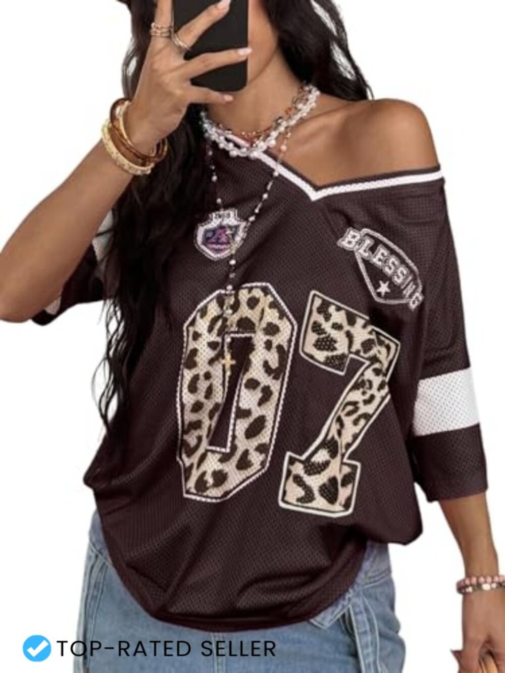 Y2K Oversized Graphic Jersey T-Shirt V-Neck Short Sleeve Women's